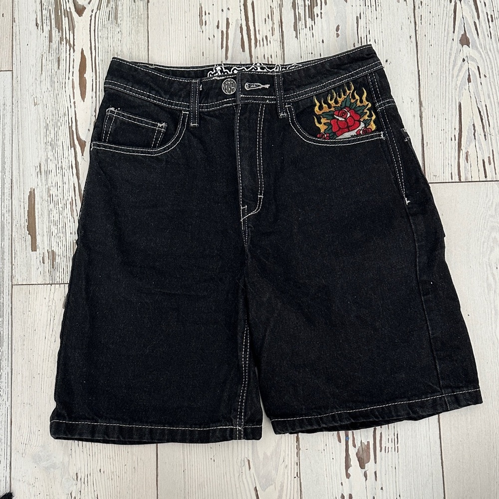 Black Denim Jorts with embrodiary